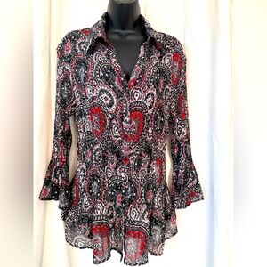 Sunny Leigh Women's Sz 2X Butterfly Wrist Collared V Neck Button down EUC